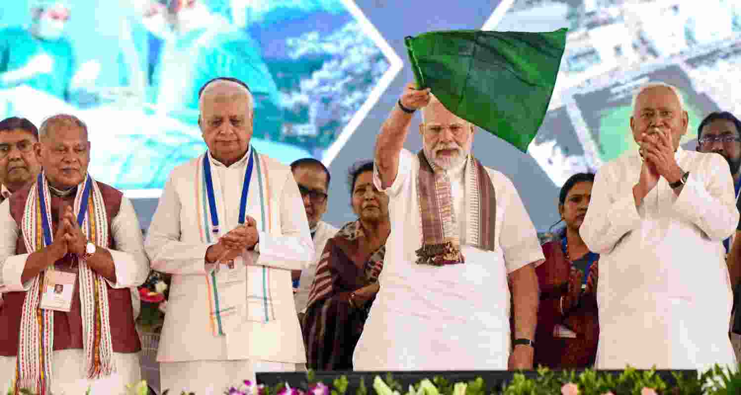 Prime Minister Narendra Modi, Bihar Governor Arif Mohammad Khan, Chief Minister Nitish Kumar and Union Minister Jitan Ram Manjhi during a public meeting, in Gayaji, Friday.