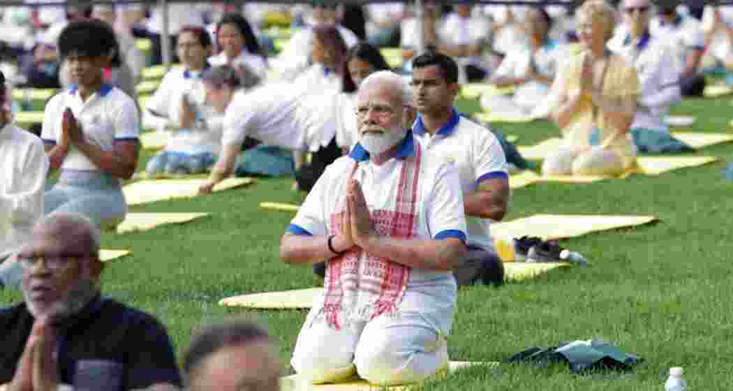 Prime Minister Narendra Modi will be leading the main International Yoga Day event in Srinagar today. In picture: PM Modi performing yoga during the International Yoga Day in New York in 2023.