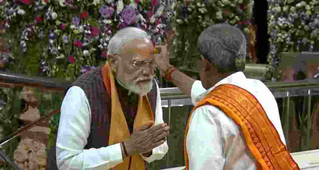 Prime Minister Narendra Modi offers prayers at the Somnath Temple in Gujarat on Saturday at the start of the Somnath Swabhiman Parv celebrations.