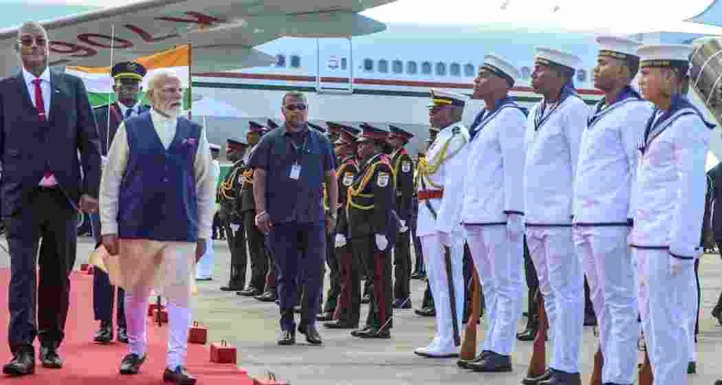 Prime Minister Narendra Modi being accorded a ceremonial Guard of Honour upon his arrival at the International Airport, in Victoria, Seychelles. Seychelles President Patrick Herminie is also seen.