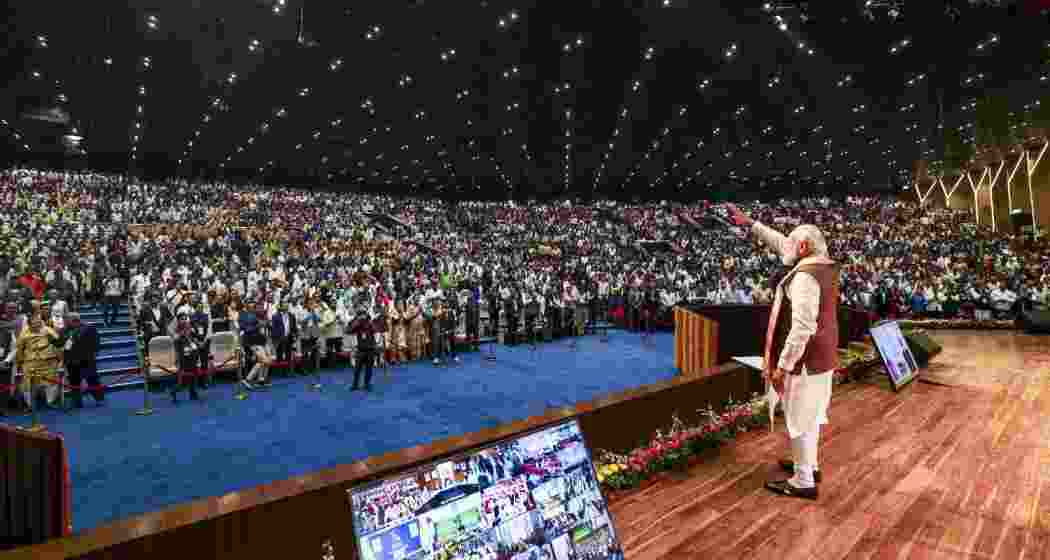 Prime Minister Narendra Modi during the foundation stone laying and inauguration ceremony of various development works in Guwahati, Assam on Friday.