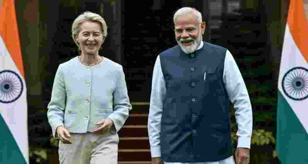 A file photo of European Commission President Ursula von der Leyen (L) speaking with Prime Minister Narendra Modi.