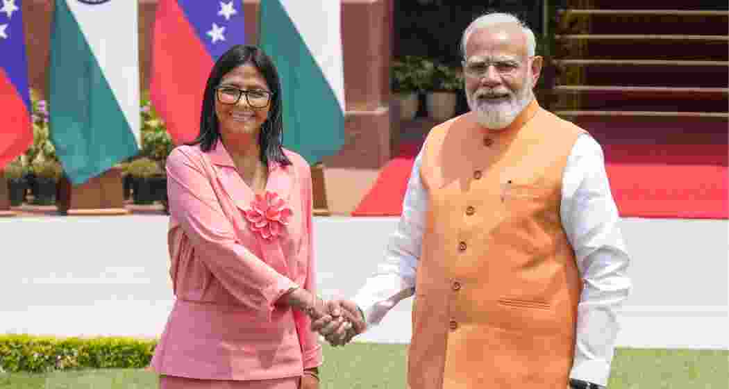 Prime Minister Narendra Modi, right, with Venezuela's Acting President Delcy Rodriguez before a meeting at the Hyderabad House, in New Delhi, on Thursday, June 4.
