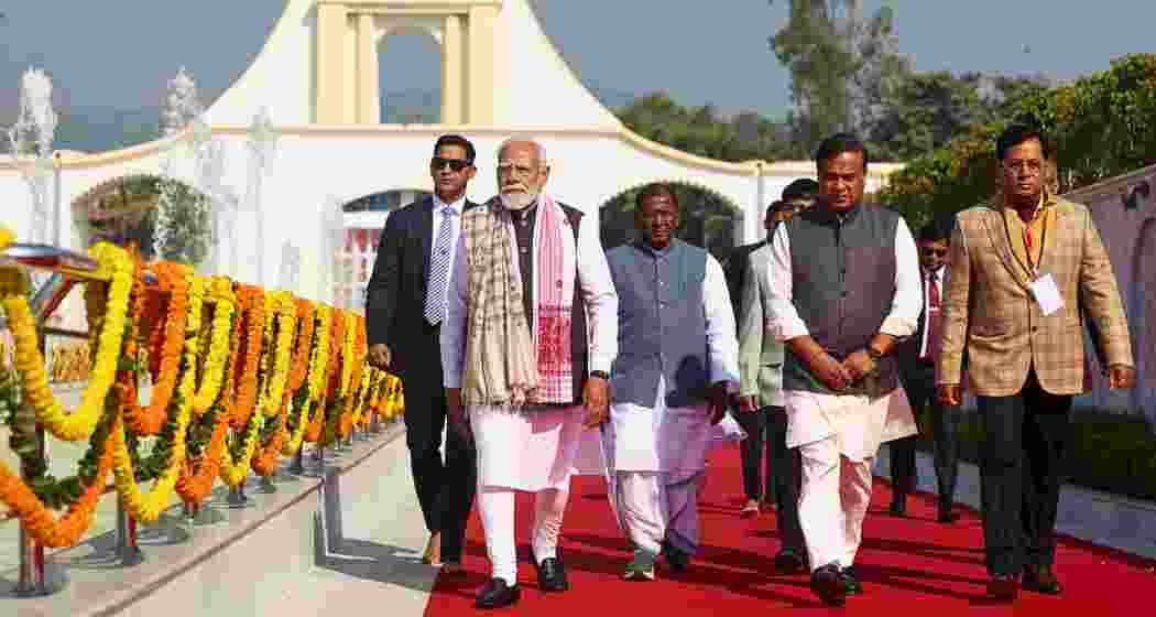 Prime Minister Narendra Modi, Assam Governor Lakshman Prasad Acharya, Union Minister Sarbananda Sonowal and Assam Chief Minister Himanta Biswa Sarma during a visit to the 'Swahid Smarak Kshetra', in Guwahati on Sunday. 
