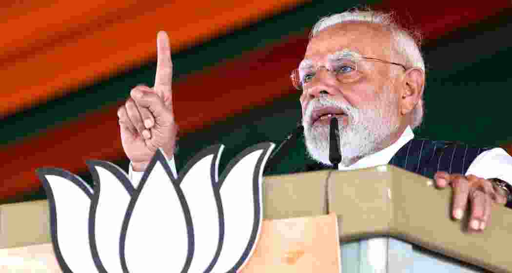 Prime Minister Narendra Modi addresses during a public meeting ahead of West Bengal Assembly elections, in Bishnupur, West Bengal. (narendramodi.in via PTI Photo)