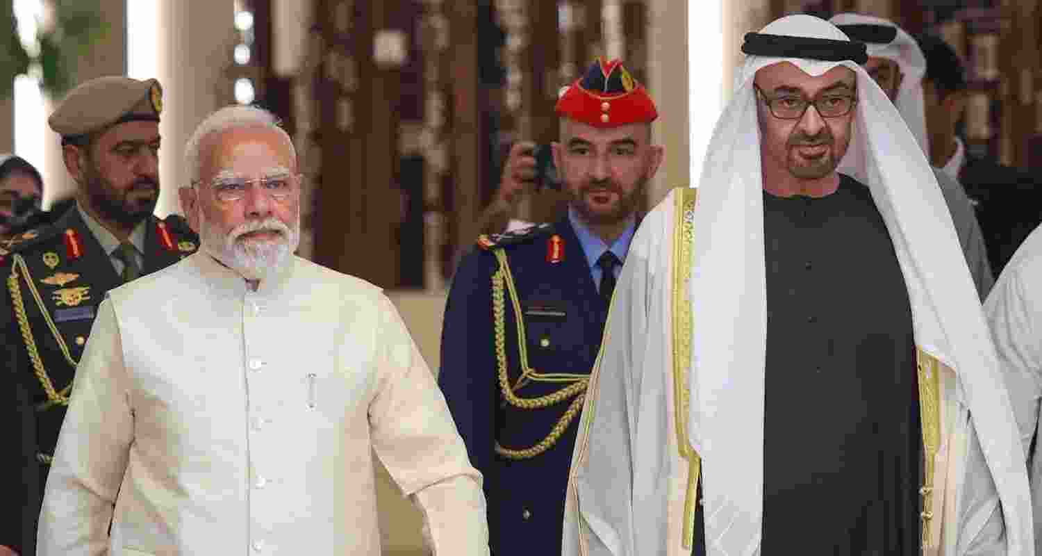 Prime Minister Narendra Modi with UAE President Sheikh Mohamed bin Zayed Al Nahyan during a ceremonial reception, in Abu Dhabi.