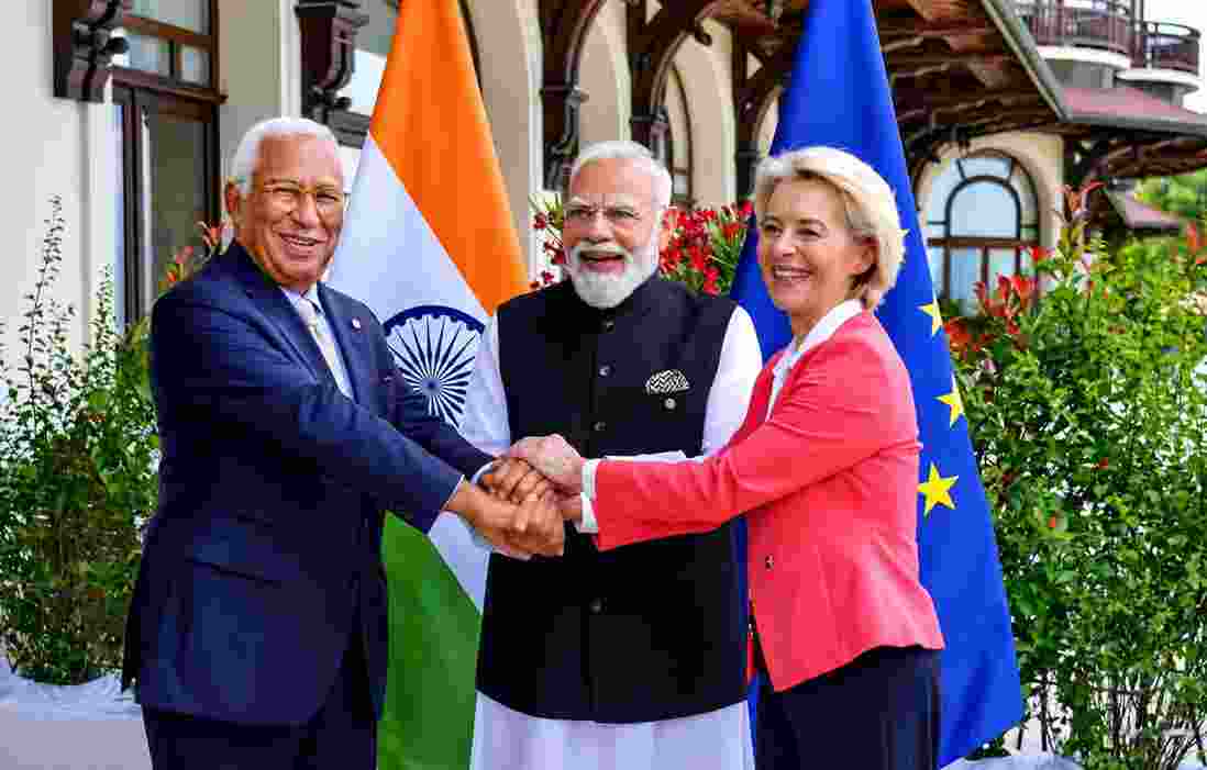 Prime Minister Narendra Modi during a meeting with European Commission President Ursula von der Leyen and European Council President Antonio Costa on the sidelines of the G7 Summit, in Evian-les-Bains, France. 