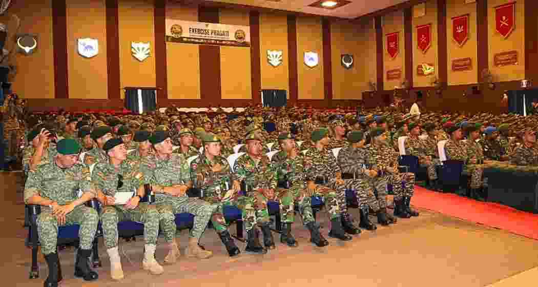 Troops from participating nations during the opening ceremony of multinational military exercise PRAGATI 2026 at Umroi Military Station in Meghalaya on Wednesday.
