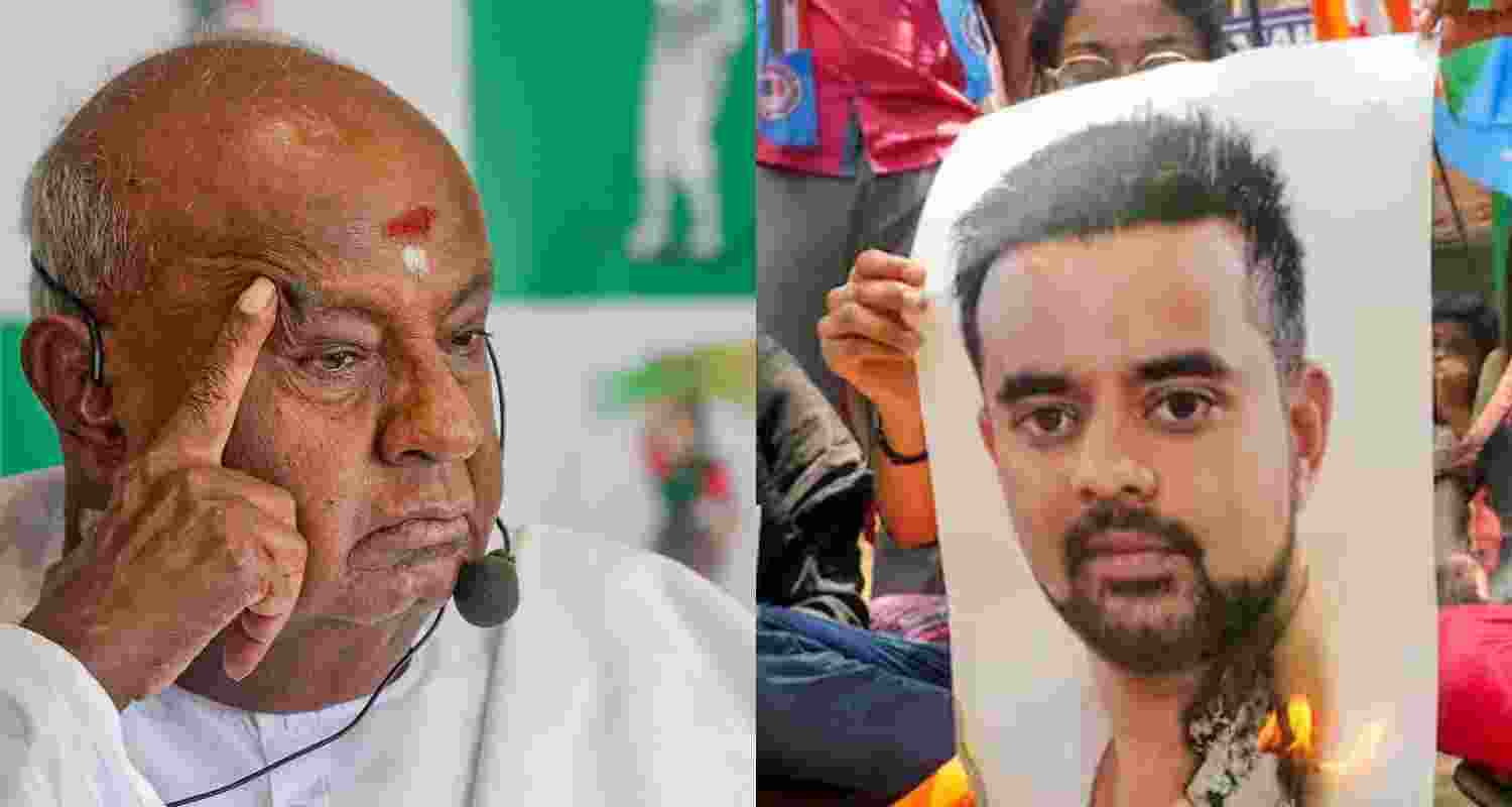 H D Deve Gowda (left), NSUI burning Prajwal's poster (right). 