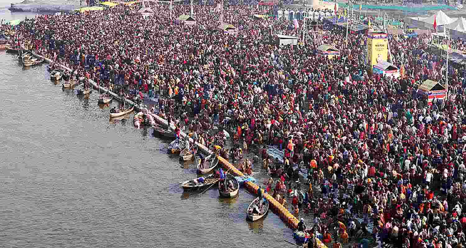 An aerial view of devotees taking a holy dip in the Ganga river on the occasion of Mauni Amavasya during the annual religious ‘Magh Mela’ festival, in Prayagraj on Friday. An aerial view of devotees taking a holy dip in the Ganga river on the occasion of Mauni Amavasya during the annual religious ‘Magh Mela’ festival, in Prayagraj on Friday.