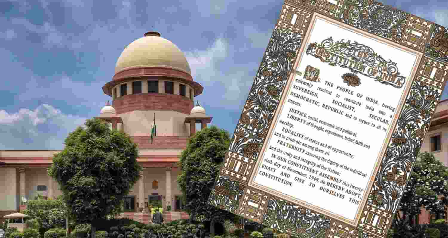 An image of the Supreme Court of India with the Preamble of the Constitution.
