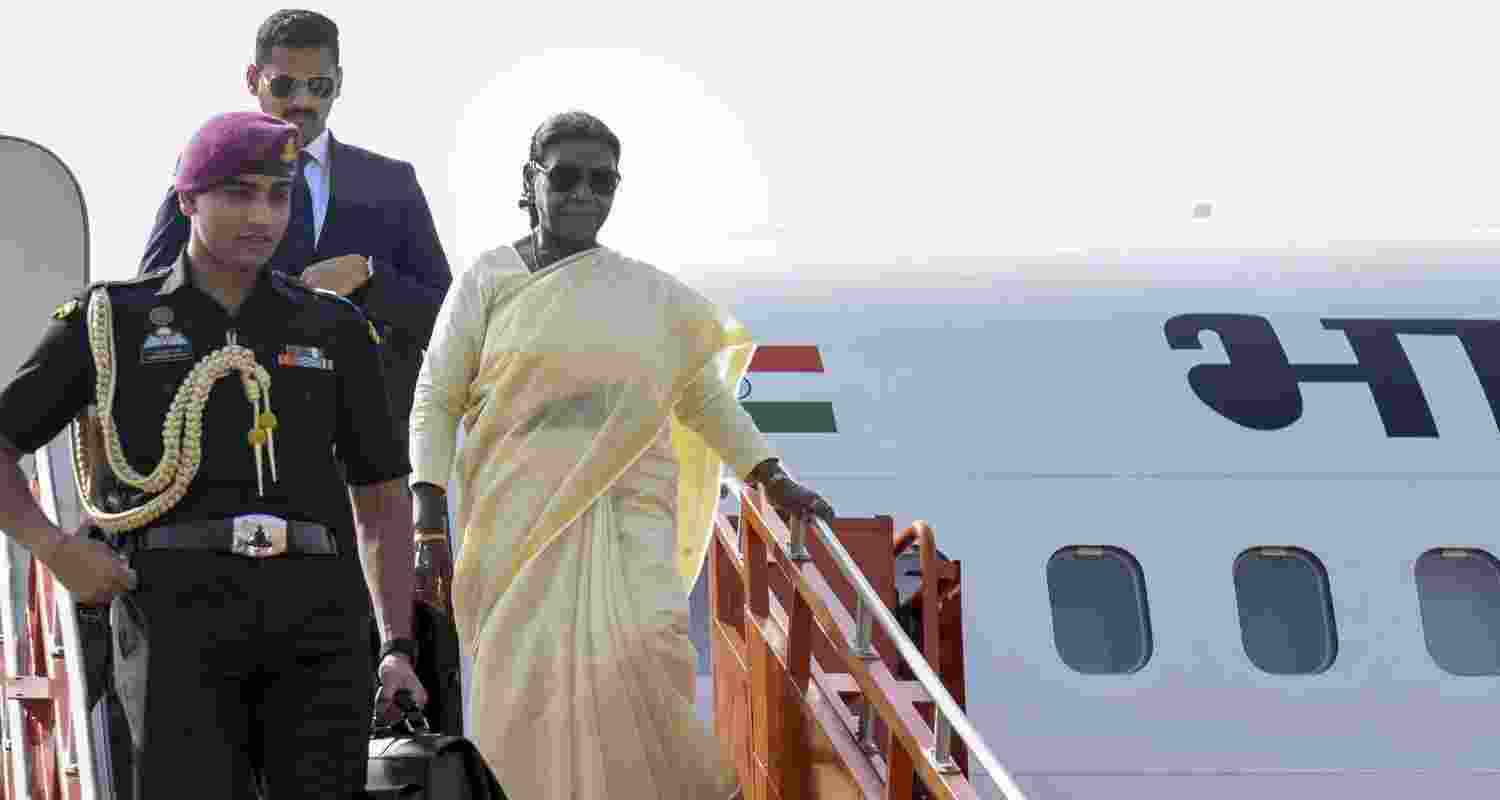 President Droupadi Murmu disembarks from the aircraft upon her arrival at Devi Ahilyabai Holkar International Airport, in Indore, Thursday, June 18, 2026.