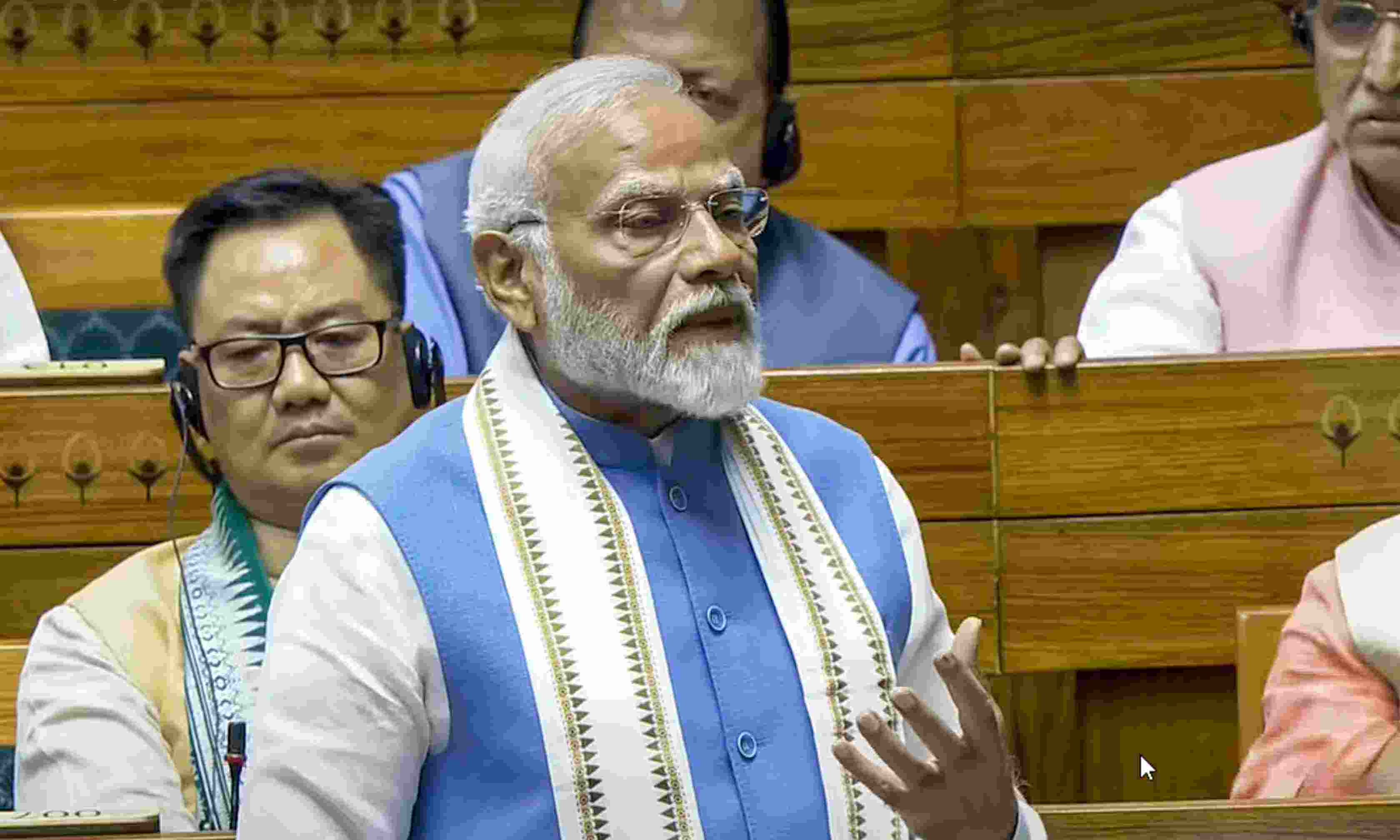 Prime Minister Narendra Modi replies to the Motion of Thanks on the President's Address in the Lok Sabha during the ongoing Parliament session, in New Delhi, Tuesday, July 2, 2024. Prime Minister Narendra Modi replies to the Motion of Thanks on the President's Address in the Lok Sabha during the ongoing Parliament session, in New Delhi, Tuesday, July 2, 2024.