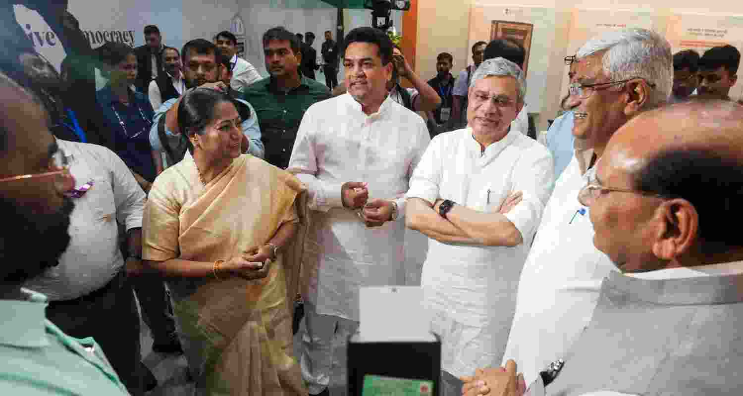 Union Ministers Ashwini Vaishnaw, Gajendra Singh Shekhawat, Delhi LG VK Saxena, Chief Minister Rekha Gupta and cabinet minister Kapil Mishra during an event to mark the 50th anniversary of the Emergency imposed in 1975 by then prime minister Indira Gandhi, in New Delhi, Wednesday.