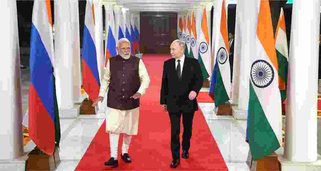 Russian President Vladimir Putin (R) and Prime Minister Narendra Modi during a bilateral meeting. 