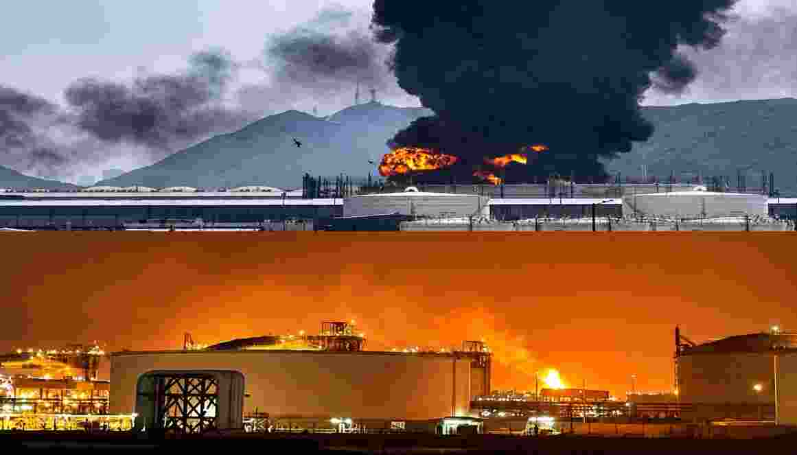 Day and night visuals show thick smoke and flames billowing from the site of the explosion at Qatar's Ras Laffan Industrial City, one of the world's largest LNG hubs.