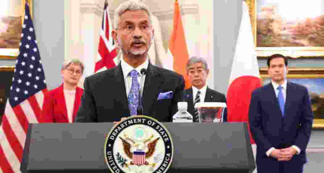 External Affairs Minister S Jaishankar addresses the Quad meeting in Washington as Penny Wong, Takeshi Iwaya, and Marco Rubio stand beside him at the State Department on Tuesday.
