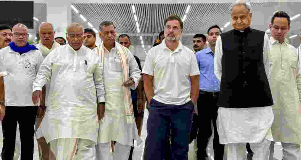 Congress President Mallikarjun Kharge and LoP in the Lok Sabha and Congress leader Rahul Gandhi arrive at Patna Airport. Bihar party President Rajesh Ram, party leaders Gaurav Gogoi, Ashok Gehlot and others also seen.