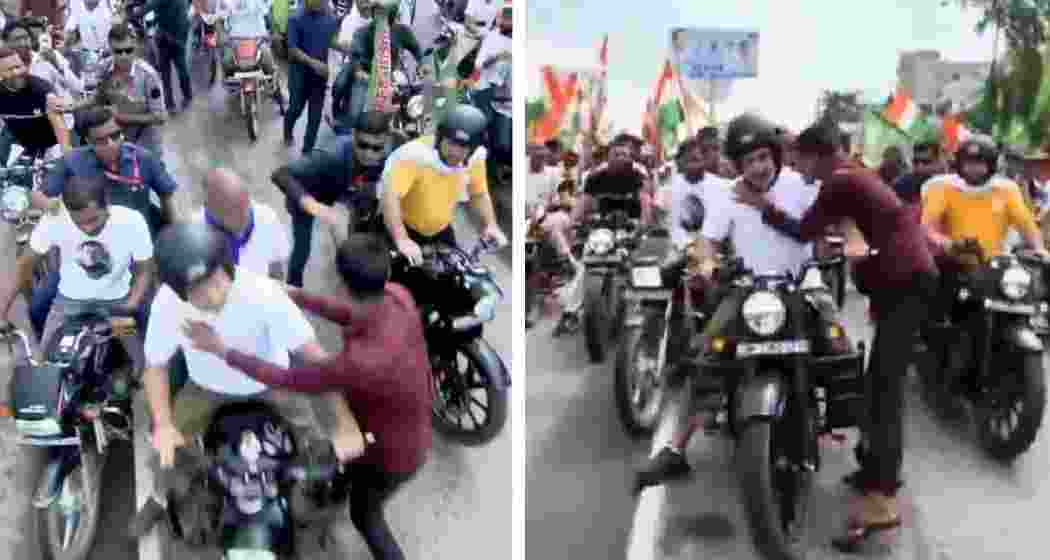 Screengrabs capture the moment a man hugged and kissed Rahul Gandhi during the Voter Adhikar Yatra. Screengrabs capture the moment a man hugged and kissed Rahul Gandhi during the Voter Adhikar Yatra.