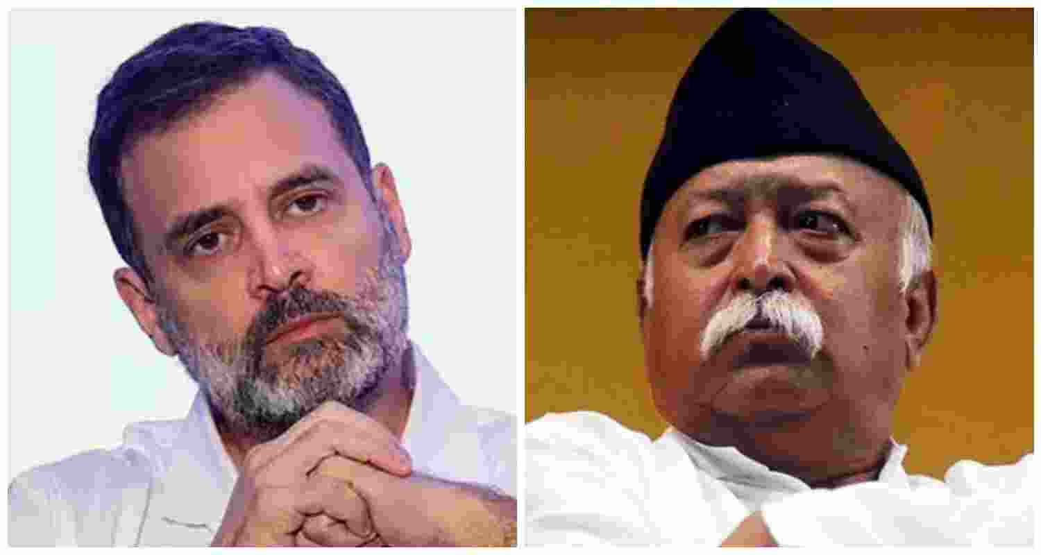 Congress leader Rahul Gandhi (L), RSS chief Mohan Bhagwat (R).
