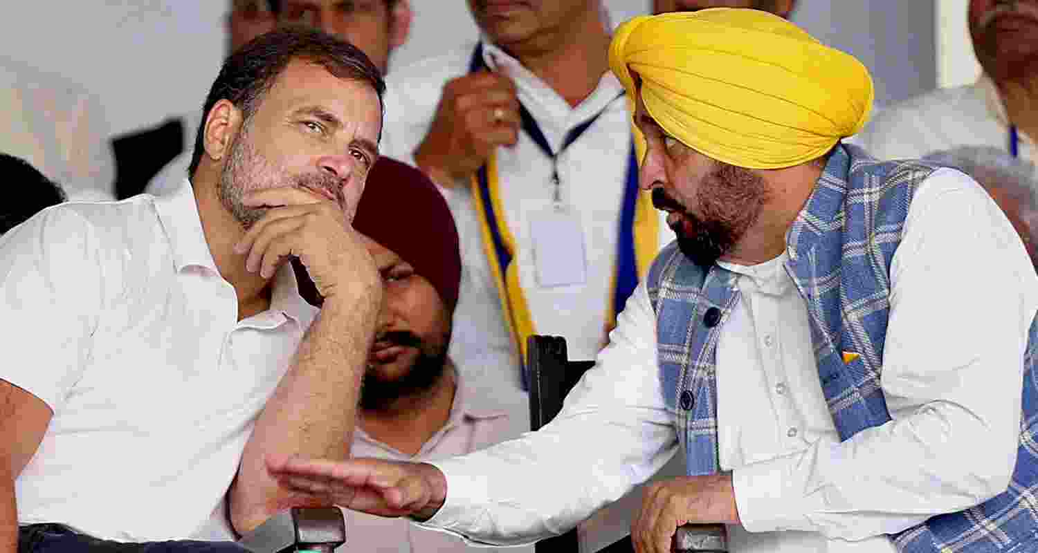 Rahul Gandhi and Bhagwant Mann at the 'Loktantra Bachao' rally in New Delhi. Rahul Gandhi and Bhagwant Mann at the 'Loktantra Bachao' rally in New Delhi.