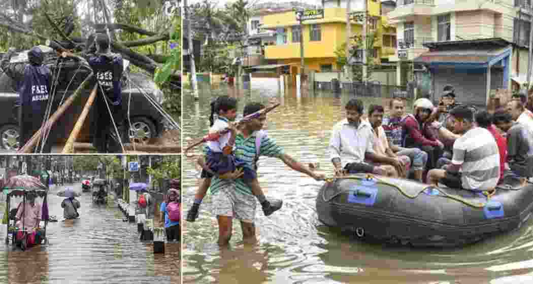 A rescue team moves through flooded lanes in Guwahati as incessant rains trigger landslides and flash floods across the Northeast, claiming lives and forcing hundreds to evacuate to relief shelters.
