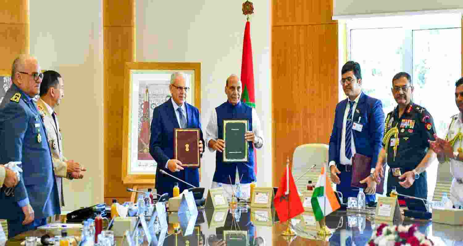 Defence Minister Rajnath Singh exchanges an Mou with Morocco Defence Minister Abdellatif Loudiyi during a bilateral meeting, in Rabat, Morocco. 