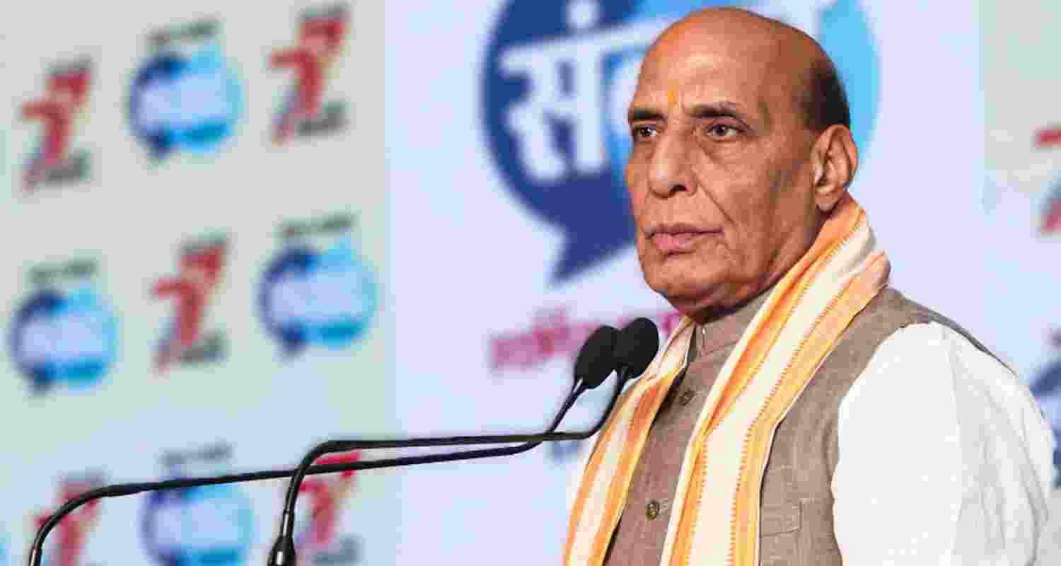 Defence Minister Rajnath Singh addresses a gathering during a dialogue on the topic 'National Security & Terrorism'.