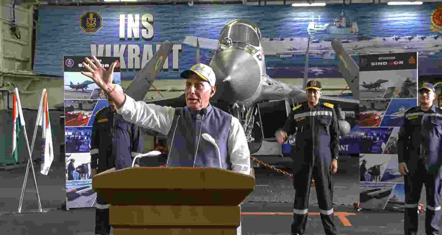 Union Defence Minister Rajnath Singh addresses naval officers during an interaction aboard aircraft carrier INS Vikrant. Union Defence Minister Rajnath Singh addresses naval officers during an interaction aboard aircraft carrier INS Vikrant.