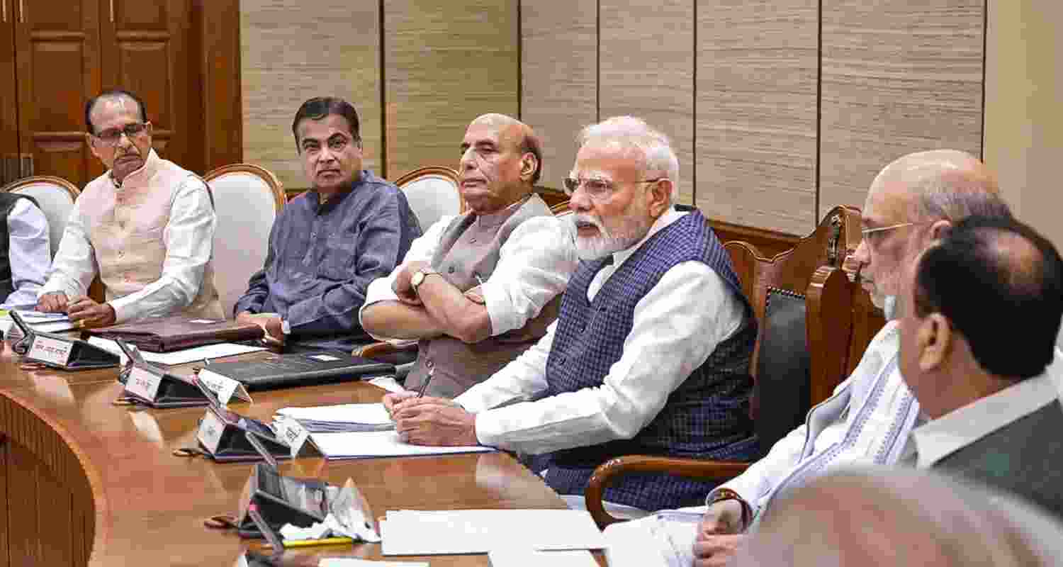Prime Minister Narendra Modi with Defence Minister Rajnath Singh, Union Home Minister Amit Shah, Union Ministers Nitin Gadkari, Shivraj Singh Chouhan and others during a Cabinet meeting following 'Operation Sindoor', in New Delhi.