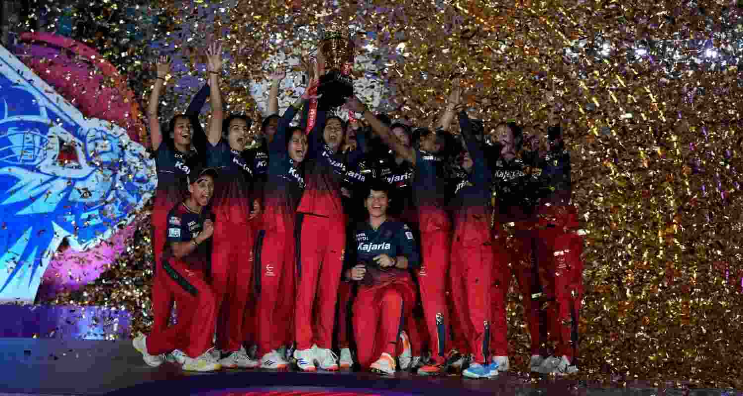 The Royal Challengers Bangalore Women team celebrate their first WPL victory. The Royal Challengers Bangalore Women team celebrate their first WPL victory.