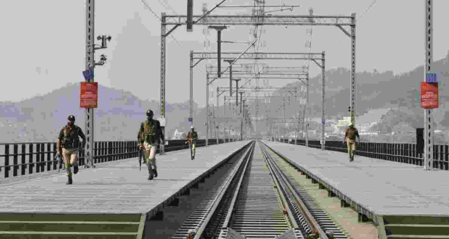 Security forces during mock drill at the world's highest rail bridge in Reasi.
