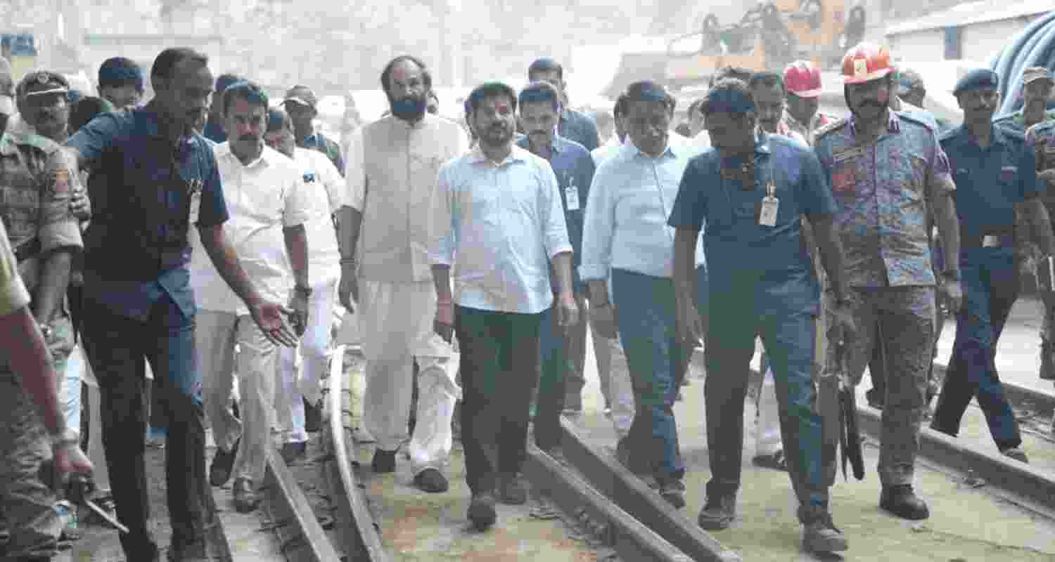 Chief Minister A Revanth Reddy during his visit the tunnel collapse site in Nagarkurnool district. Image: X Chief Minister A Revanth Reddy during his visit the tunnel collapse site in Nagarkurnool district. Image: X
