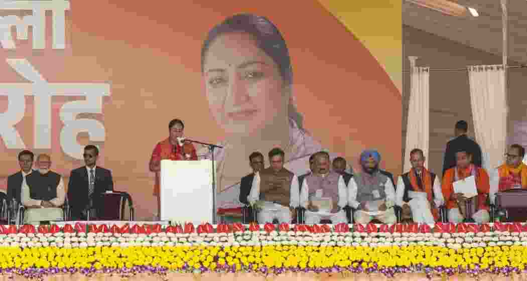 Rekha Gupta takes oath as Delhi’s Chief Minister at Ramlila Maidan, becoming the fourth woman to hold the position, with BJP leaders, including Prime Minister Narendra Modi, present at the ceremony.