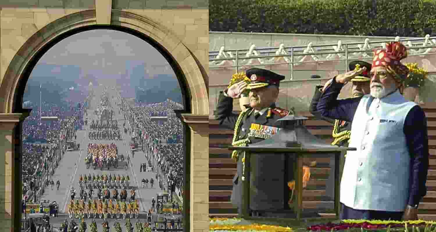 Prime Minister Narendra Modi pays tribute at the National War Memorial on the occasion of the 77th Republic Day, in New Delhi. Prime Minister Narendra Modi pays tribute at the National War Memorial on the occasion of the 77th Republic Day, in New Delhi.