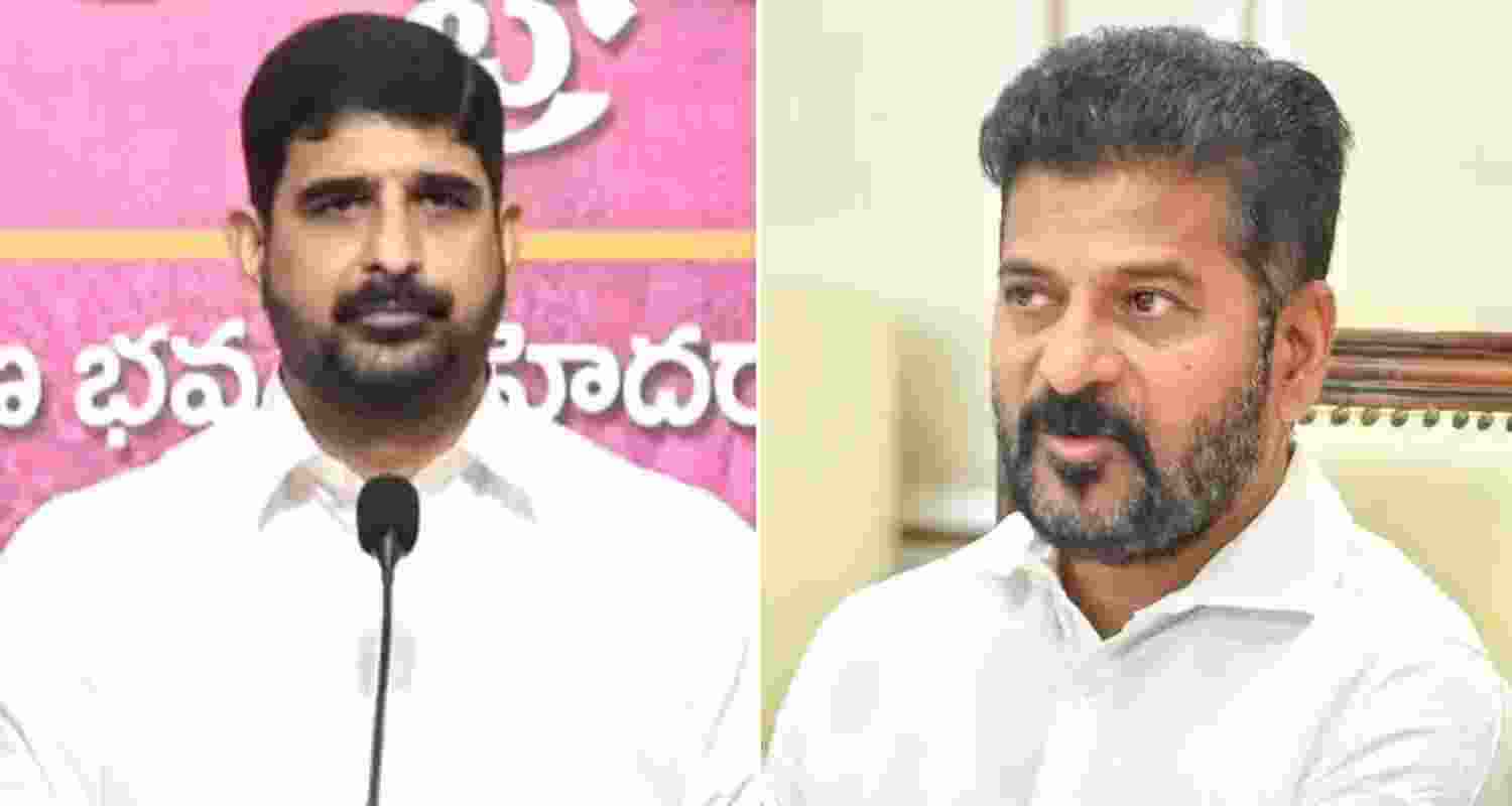 Bharat Rashtra Samithi MLA Padi Kaushik Reddy (left) and Telangana Chief Minister Revanth Reddy.