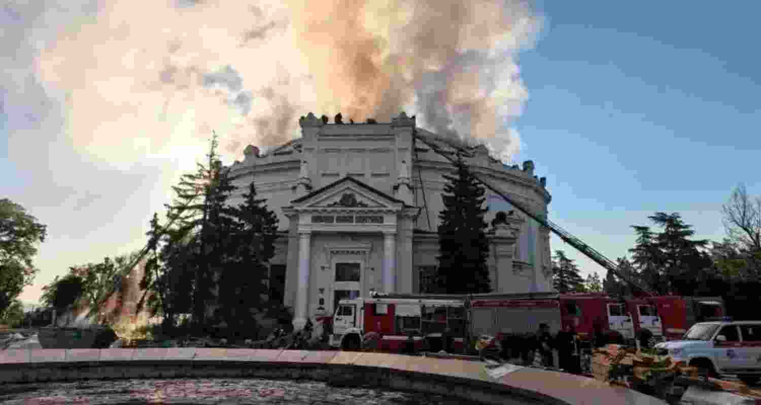  Firefighters putting out a fire after a Ukrainian drone attack hit the building of "Defence of Sevastopol 1854–1855" Panorama in Sevastopol, Crimea.