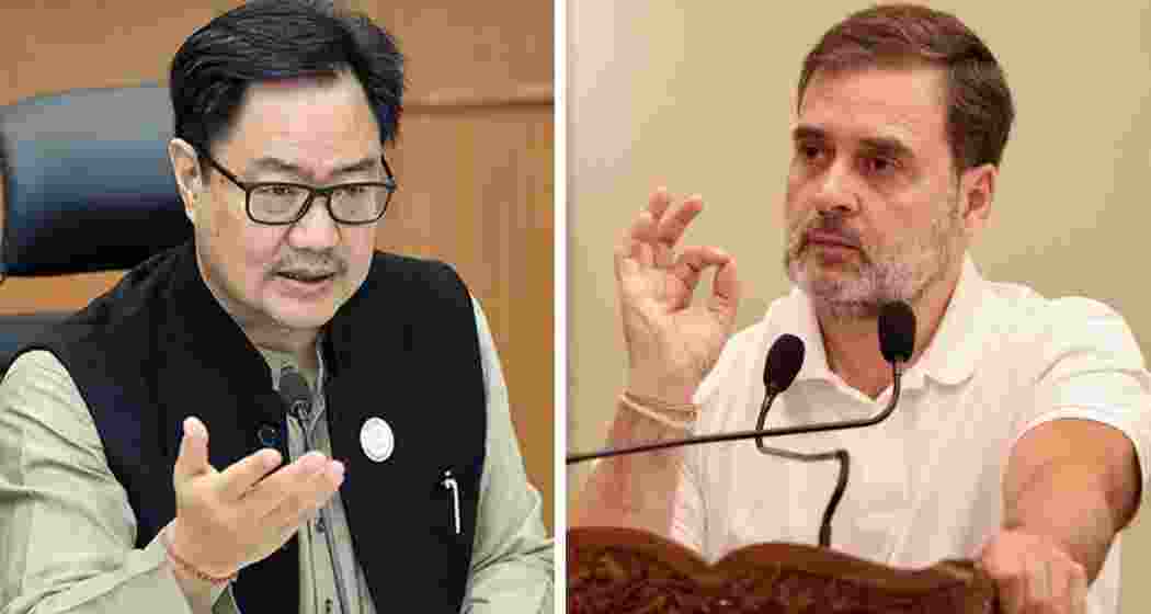 File photos of Union Parliamentary Affairs Minister Kiren Rijiju and senior Congress leader Rahul Gandhi.