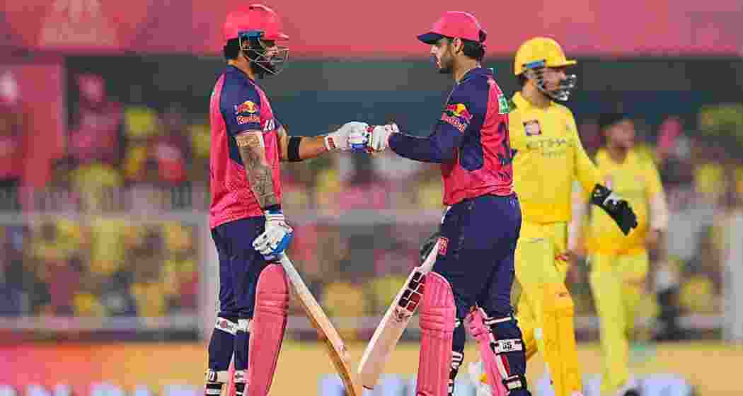 Captain Riyan Parag and Nitish Rana share a fist bump during Rajasthan Royals' thrilling six-run victory over Chennai Super Kings in a high-intensity IPL clash in Guwahati on Saturday.