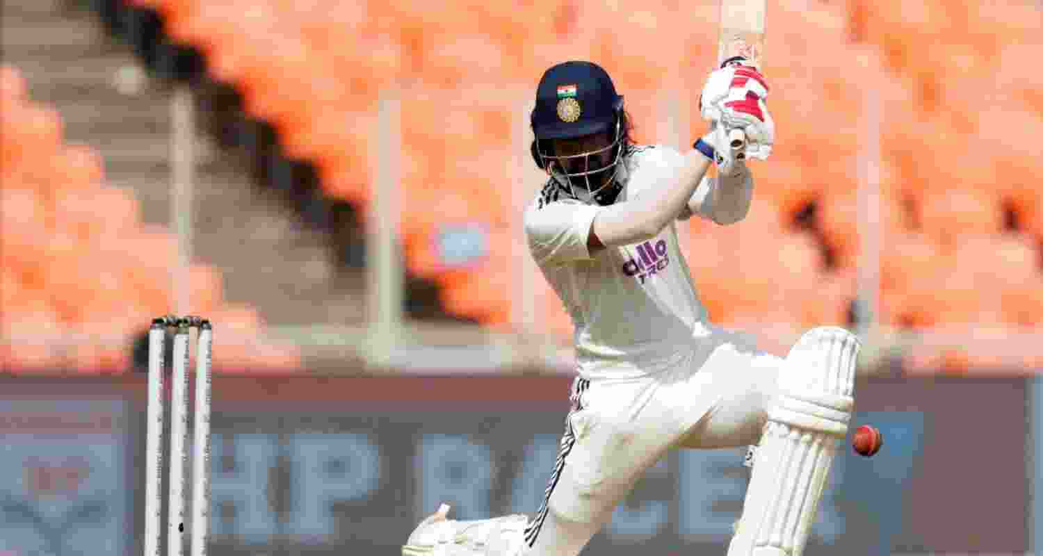 KL Rahul in action on the opening day of the first test between India and West Indies in Ahmedabad.