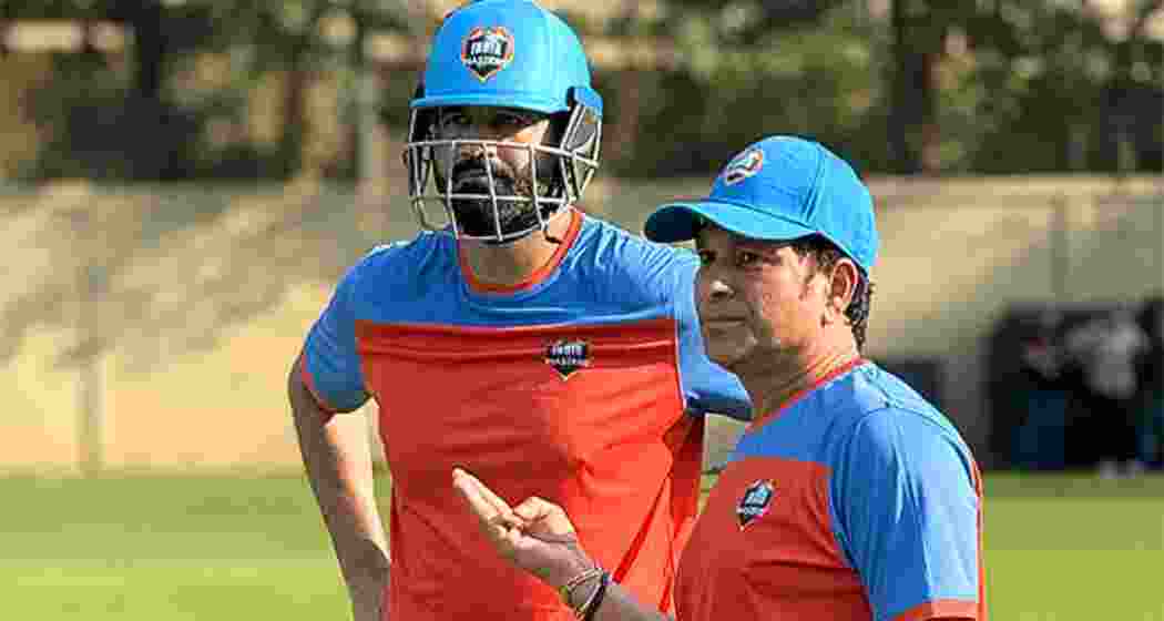 Cricket icons Sachin Tendulkar and Yuvraj Singh during a practice session for the International Masters League T20. 