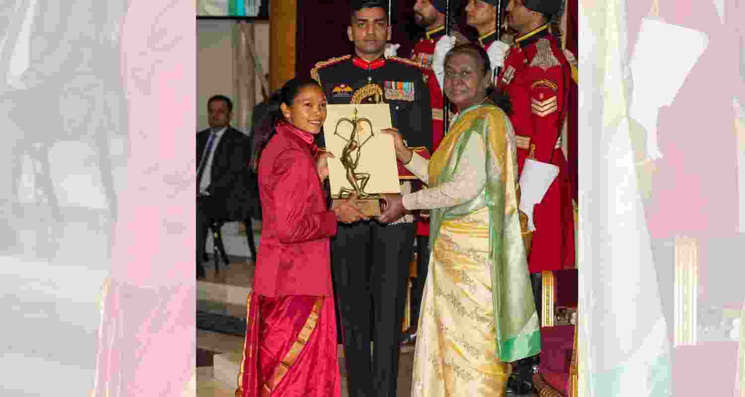 President Droupadi Murmu confers Arjuna Award on Salima Tete in recognition of her outstanding achievements in Hockey during the National Sports and Adventure Awards 2024 function at the Rashtrapati Bhavan, in New Delhi, Friday. President Droupadi Murmu confers Arjuna Award on Salima Tete in recognition of her outstanding achievements in Hockey during the National Sports and Adventure Awards 2024 function at the Rashtrapati Bhavan, in New Delhi, Friday.