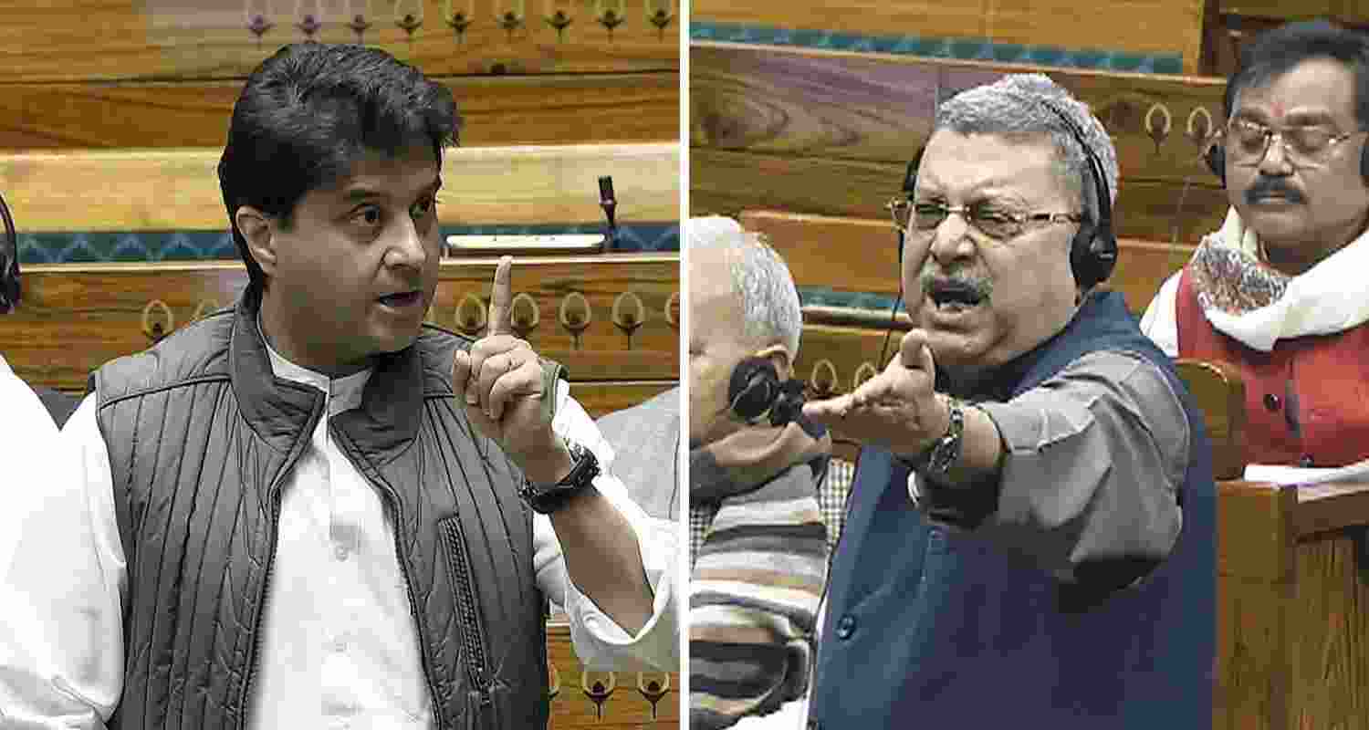 BJP MP Jyotiraditya Scindia and TMC MP Kalyan Banerjee got into a heated exchange in the Lok Sabha, Wednesday, BJP MP Jyotiraditya Scindia and TMC MP Kalyan Banerjee got into a heated exchange in the Lok Sabha, Wednesday,