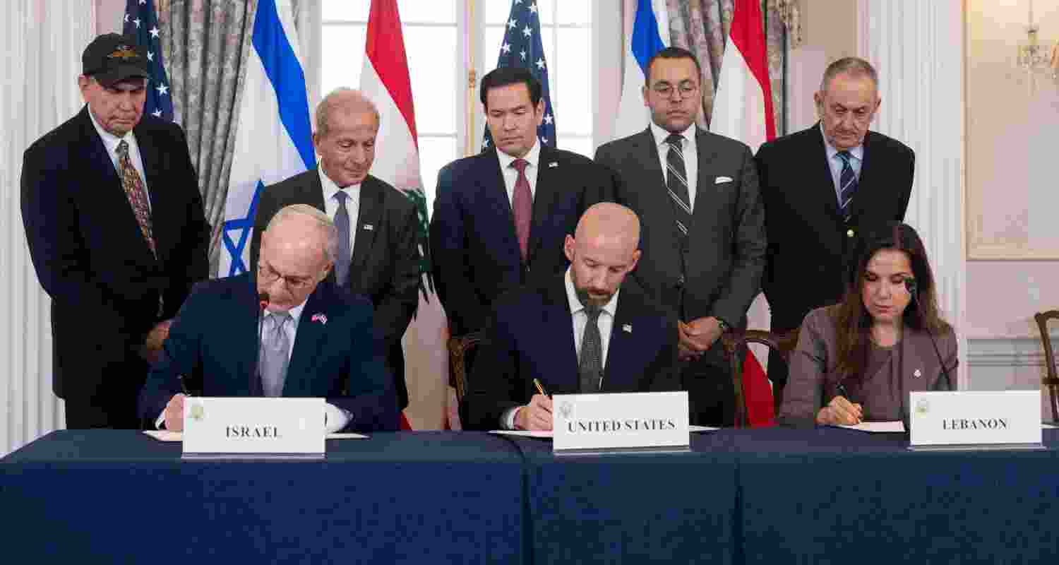US Secretary of State Marco Rubio, along with Israeli and Lebanese ambassadors to the US, signing the framework agreement as a 'first step towards peace'. US Secretary of State Marco Rubio, along with Israeli and Lebanese ambassadors to the US, signing the framework agreement as a 'first step towards peace'.