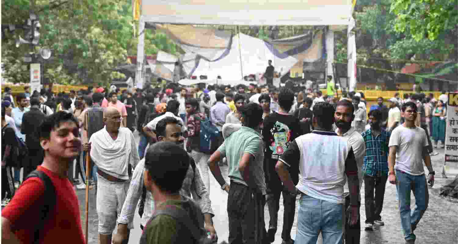 Cockroach Janta Party protesters at the protest site in Jantar Mantar, New Delhi, on Tuesday.