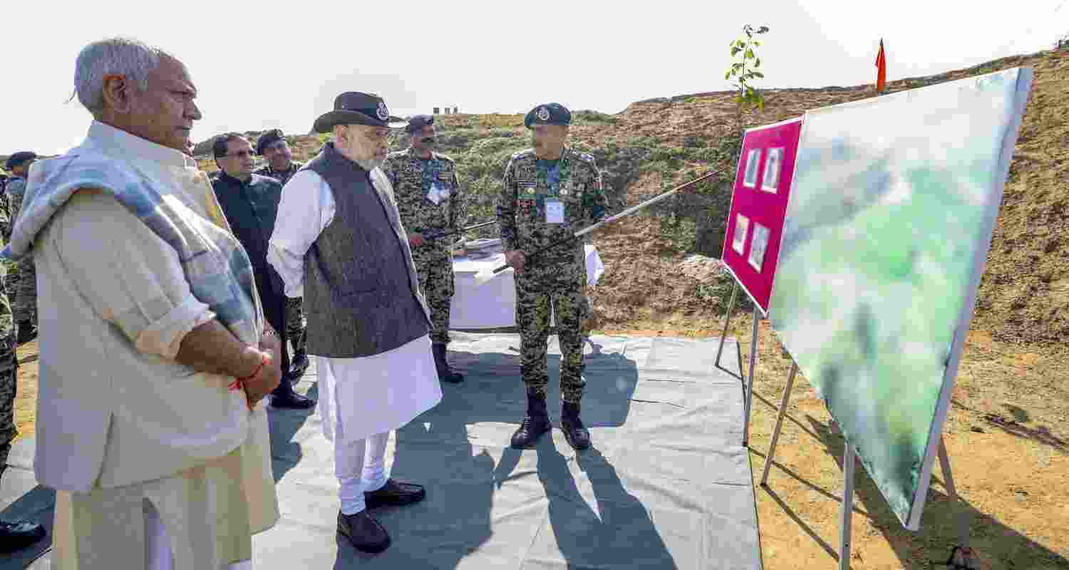 Union Home Minister Amit Shah with Jammu and Kashmir LG Manoj Sinha during a visit at the 'Gurnam' Border Out Post located on the India-Pakistan border in Jammu and Kashmir. 