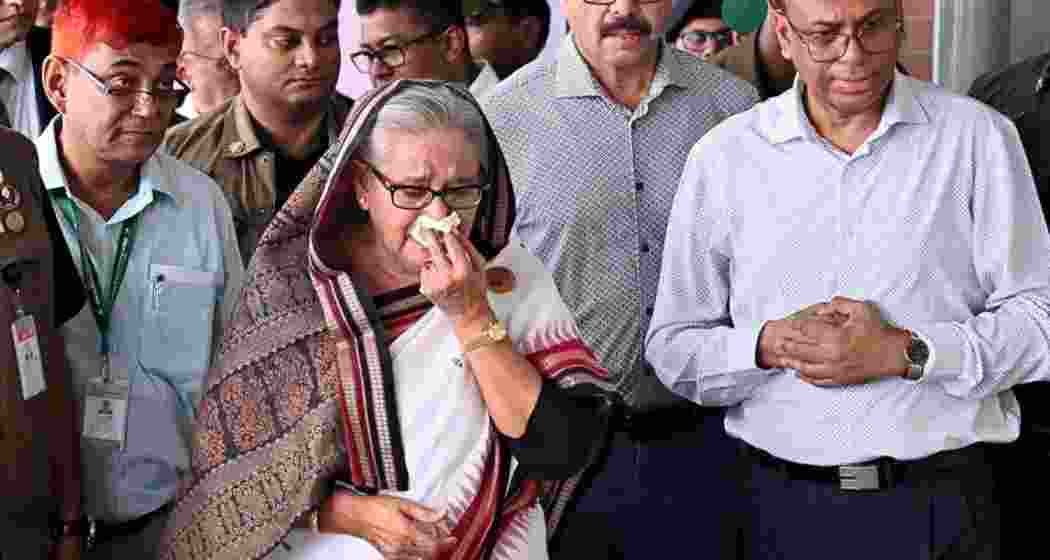 Sheikh Hasina was captured in tears at the site of a metro station destroyed during anti-government protests.