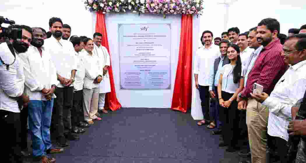 Andhra IT Minister Nara Lokesh with officials and guests at the foundation stone ceremony for Sify Technologies’ Rs 1,500 crore AI Edge Data Center and Cable Landing Station in Visakhapatnam on Sunday.