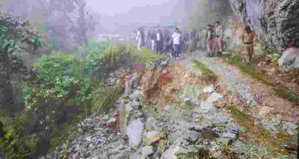 A section of a road damaged due to a landslide triggered by heavy rainfall, in Sikkim.
