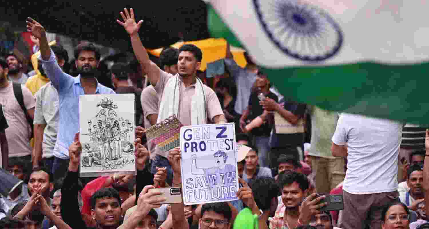 Students holding a protest at Jantar Mantar in New Delhi on Friday.